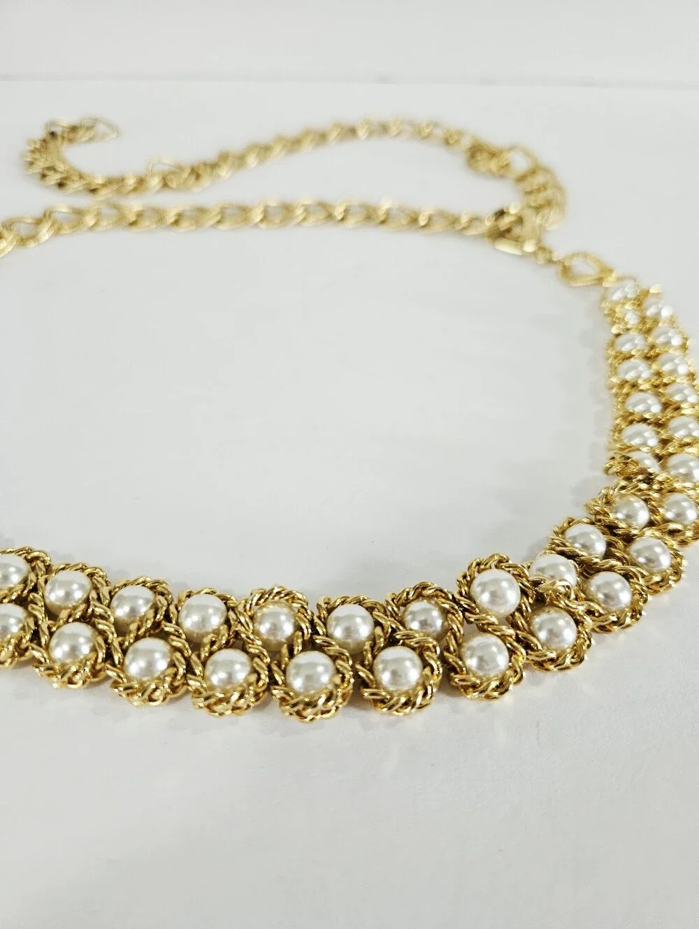 Vintage Gold Tone Double Row Faux Pearl Textured Twist Chain Linked Metal Belt
